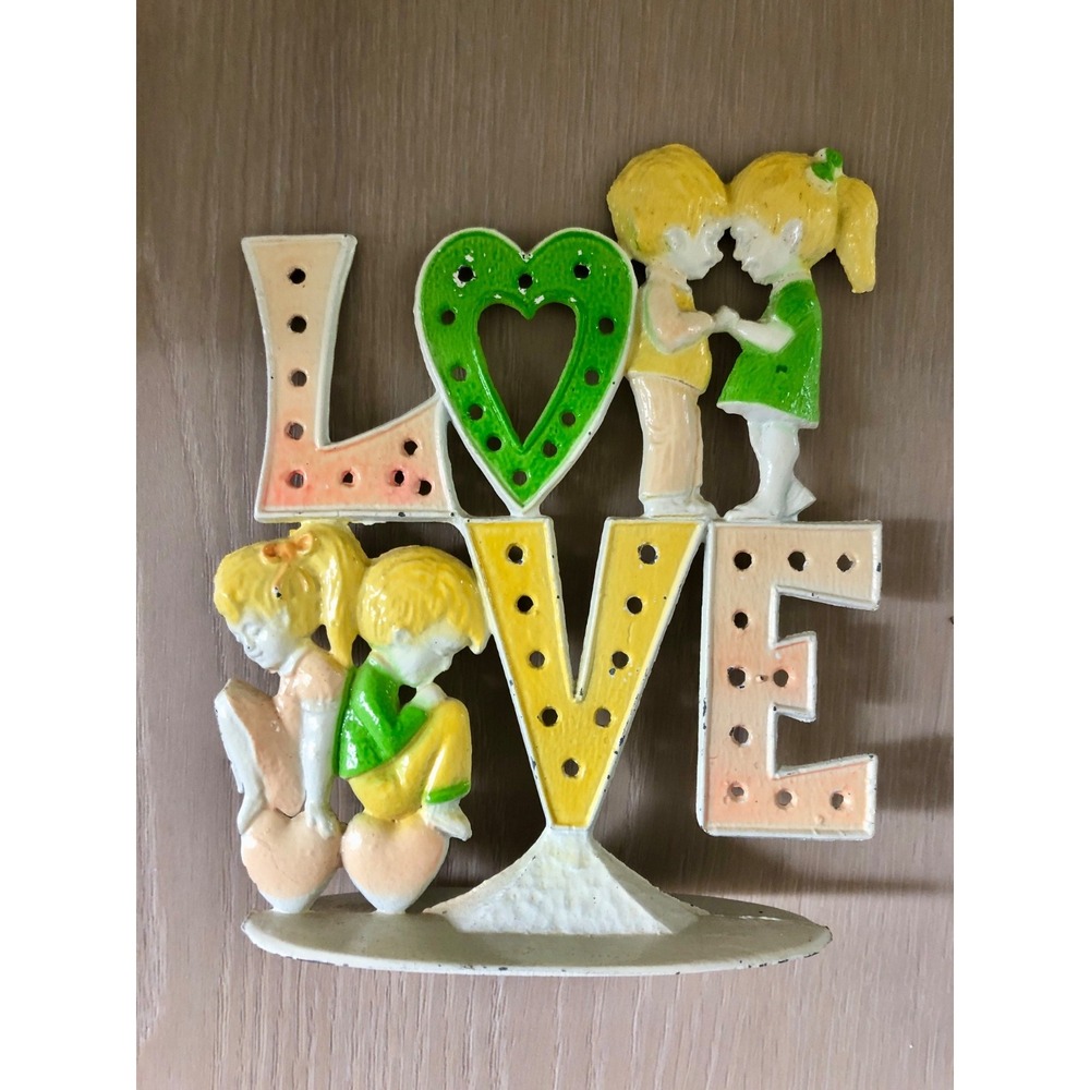 Vintage 70's Revere Painted Metal Earring Holder "Love" w/  Boy & Girl